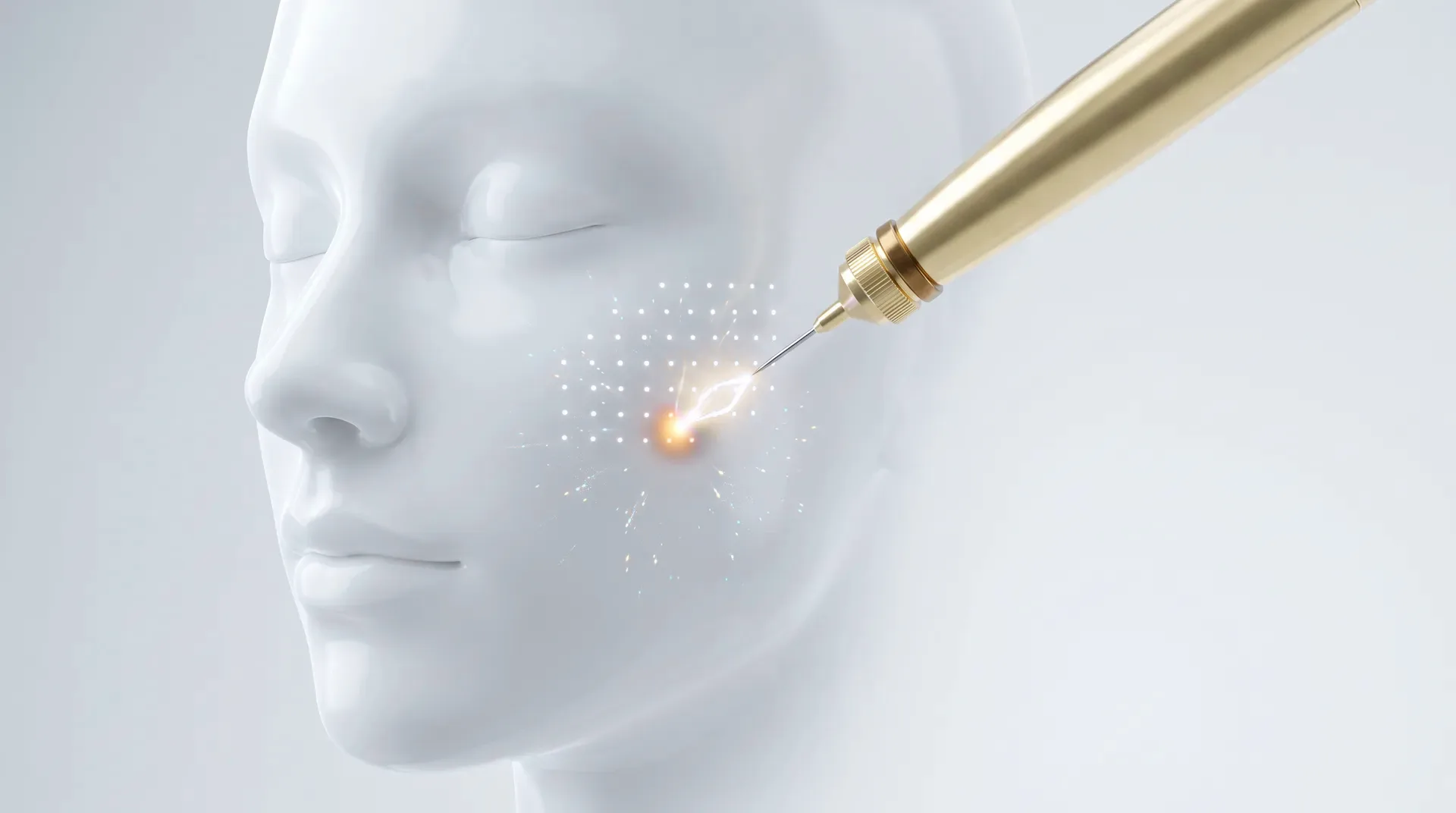 Illustration: Ein goldenes Handstück hält kurz vor der Wange, ein Plasma-Funke springt auf die Haut, daneben ein feines Punktraster