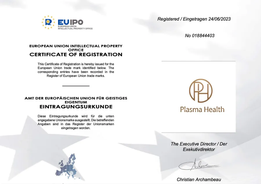 Eintragungsurkunde des Amts der Europäischen Union für geistiges Eigentum für die Marke Plasma Health