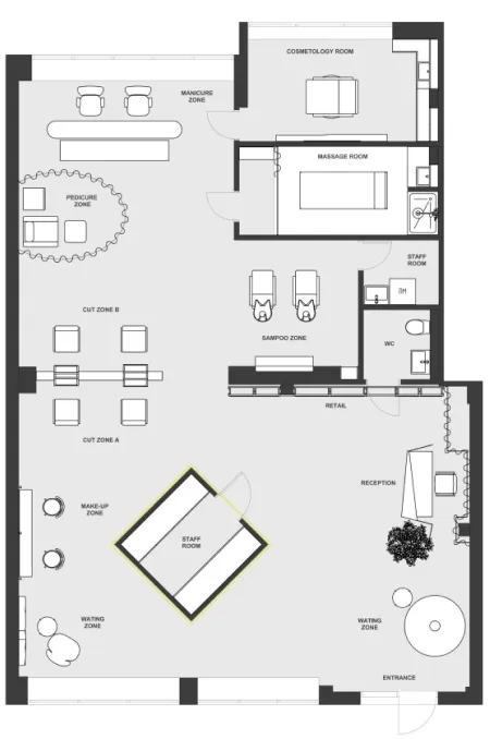Grundriss eines Beispielstudios mit 150 Quadratmetern